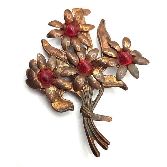 Vintage Coppertone Red Floral Bouqet 3in Tall - Picture 1 of 5